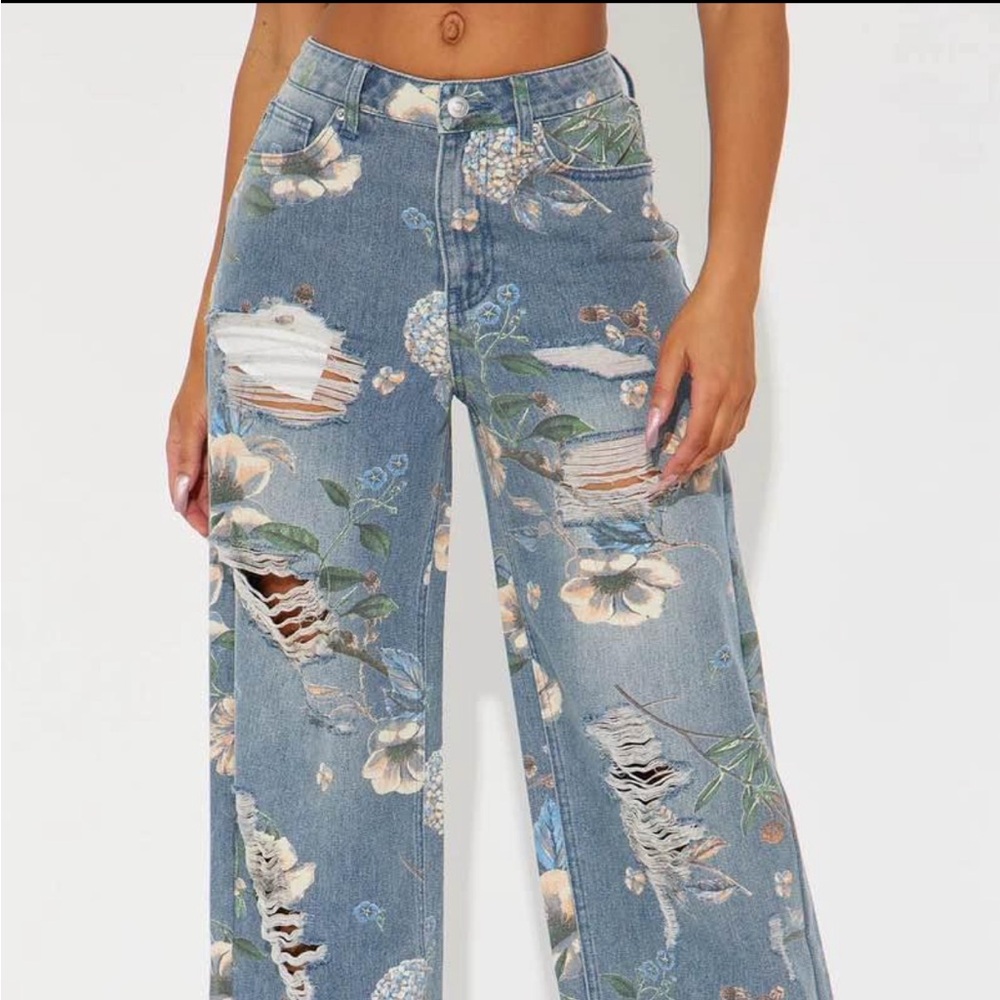 Floral Distressed Blue Jeans Wide Leg Pants